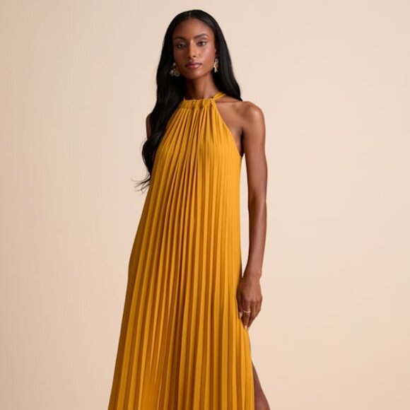 Lulus Dresses & Skirts - Lulus Exceptionally Elegant Marigold Pleated Chiffon Maxi Dress Yellow - Size XL
